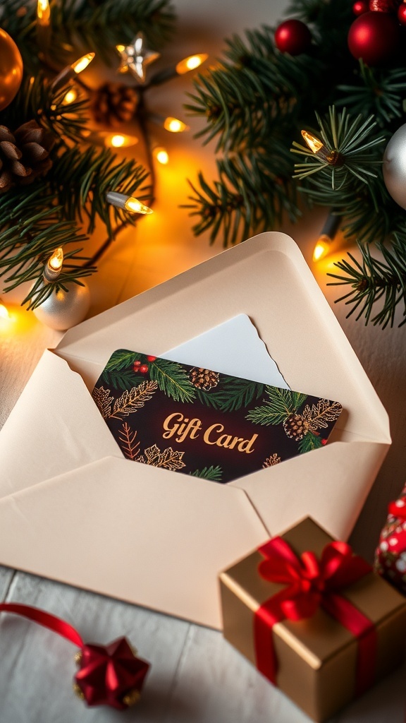 Creative Christmas Gift Card Presentation Ideas A decorative envelope with a gift card, surrounded by holiday decorations and a small gift box.
